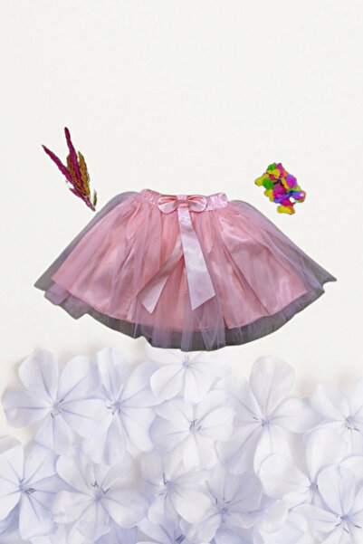 Nacar Kız Çocuk 23 Nisan 19 Mayıs Fiyonklu Hayal Kısa Tütü Tüllü Gösteri Toz Pembe Etek R24