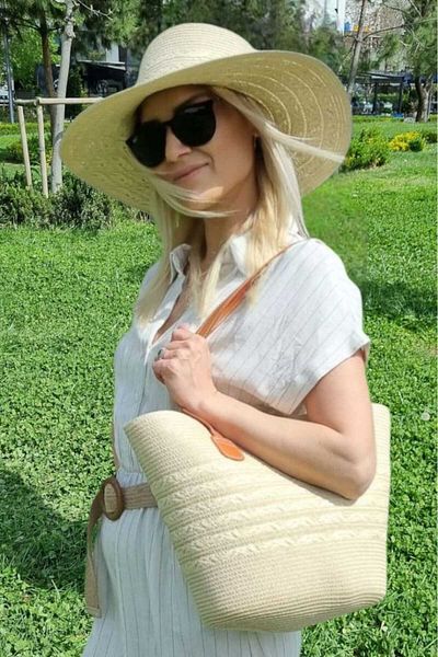 Mood Agenda Women's Ethnic Patterned Straw Summer Beach Hat and Shoulder Bag Set of 2