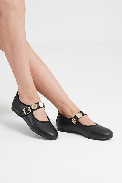Beyond Women's Black Coin Buckle Leather Ballerinas Byndpt01