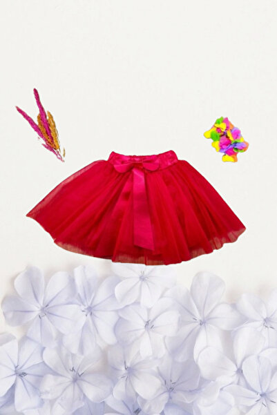Nacar Kız Çocuk 23 Nisan 19 Mayıs Fiyonklu Hayal Kısa Tütü Tüllü Gösteri Kırmızı Etek R24