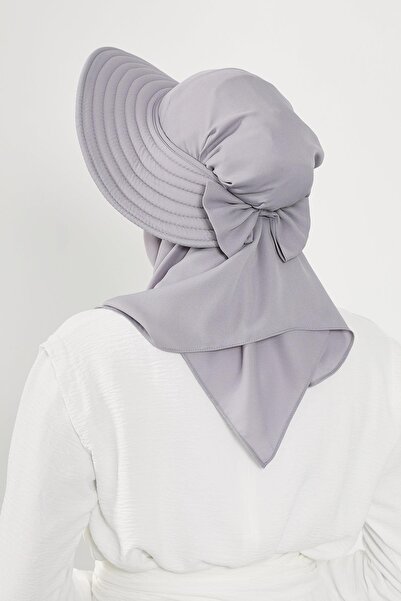 Aisha's Design Πρακτικό τουρμπάνι από κρεπ με αποσπώμενο καπέλο με φιόγκο στην πλάτη, SS-9, Γκρι