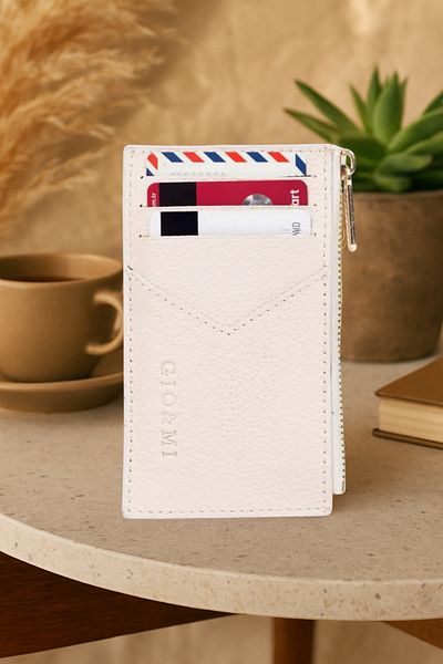 gio&mi Seth Genuine Leather Coin Zipper Women's Men's Wallet Card Holder Cream