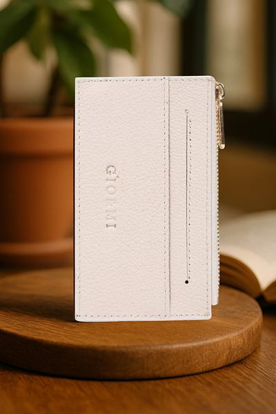 gio&mi Davin Genuine Leather Coin Zipper Women's Men's Wallet Card Holder Cream