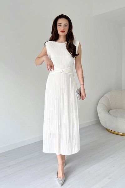 Aventien Rochie midi albă plisată cu detaliu în talie