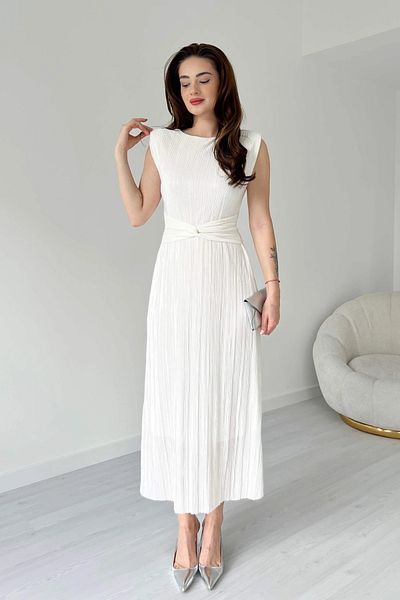 Aventien Rochie midi albă plisată cu detaliu în talie