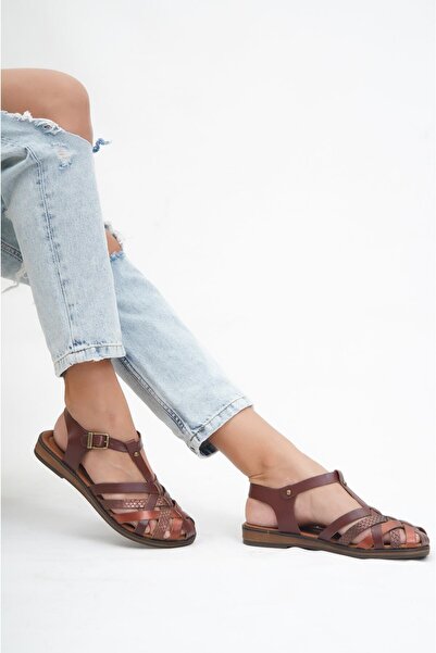 Deripabuc Γυναικεία δερμάτινα σανδάλια από γνήσιο δέρμα καφέ Twinkle-3 Dp-0067