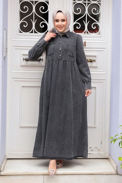 N.S NEVA STYLE Φόρεμα με λεπτομέρεια τσέπης Anthracite Hijab Jeans 19150ANT