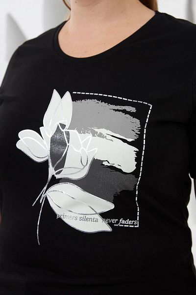 RMG Floral Pattern Printed Large Size T-Shirt Black