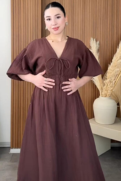 Cockatoo Kadın V Yaka Kahve Müslin Kumaş Kısa Kol Elbise