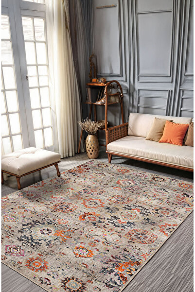 BigArts Home Bohem Tarz Vintage Halı Gri Zemin Üzerine Turuncu Mor ve Sarı Mo...