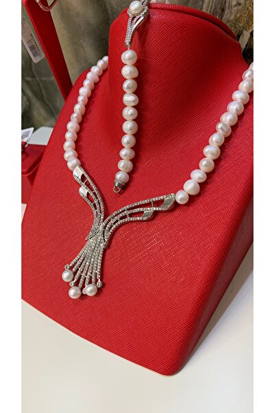 TRİA SİLVER Zirkon Taş Detaylı Özel Tasarım Gerçek İnci Kolye Küpe Yüzük Bileklik Seti 925 Ayar Gümüş