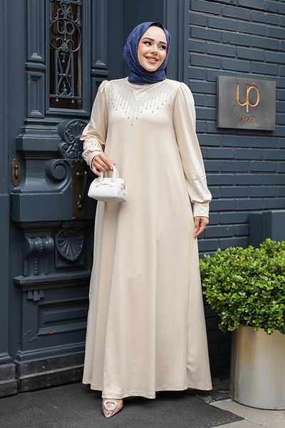 N.S NEVA STYLE Χάντρες Κεντημένο Μπεζ Φόρεμα Hijab 23815BEJ