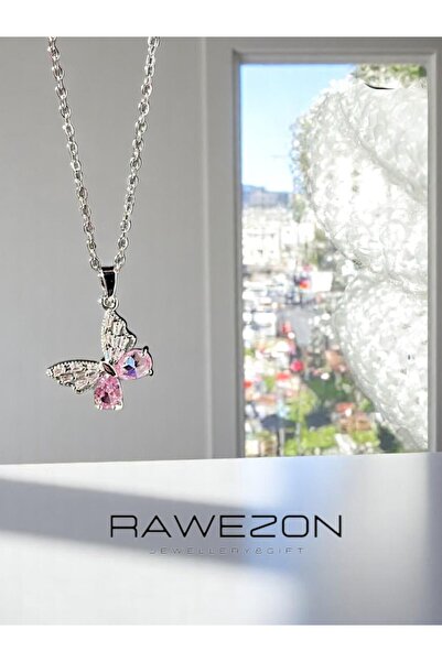 RAWEZON Pembe Taşlı Kelebek Çelik Kolye Güllü Kutuda | Sevgiliye Sevdiklere Özel Hediye Seti