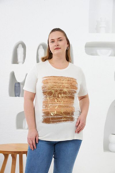 RMG Flower Pattern Printed Large Size T-Shirt Ecru