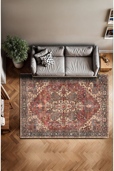 BigArts Home Vintage Kırmızı ve Bej Desenli Halı Geleneksel Geometrik Desenli...