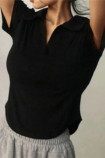Köstebek Black Oval Cut V Polo Neck Short Sleeve Crop