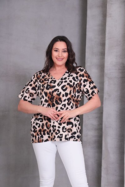 MODA Tulum V Yaka Leopar Desenli Viskon Bluz