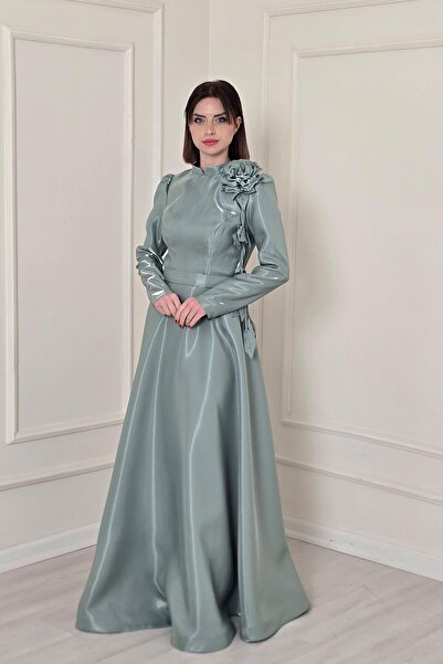 Yonca Moda Evi Mint Yaka Çiçekli Abiye Elbise 5150