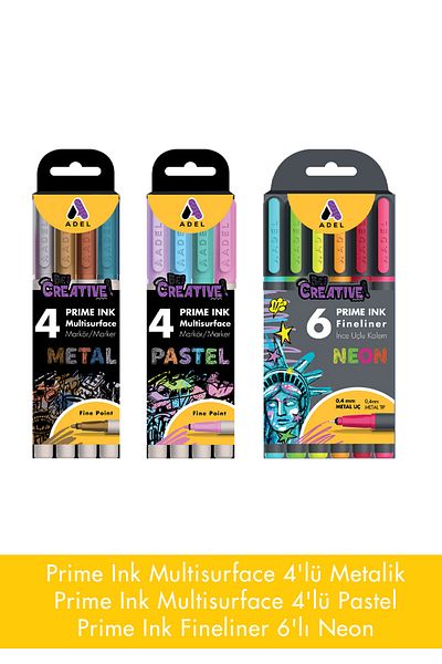 Adel Prime Ink Fineliner- Multisurface Pen Set,4 Metallic,4 Pastel, 6 Neon