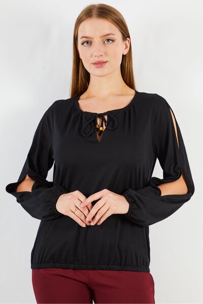 Michael Kors Women Tie Neck Long Sleeves Plain Blouse, Black