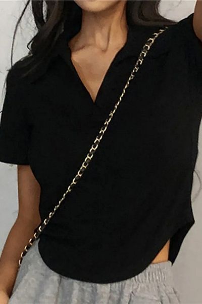 Köstebek Black Oval Cut V Polo Neck Short Sleeve Crop