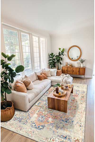 BigArts Home Eskitme Vintage Desenli Kaymaz Tabanlı Kiremit Mavi Salon Mutfak...