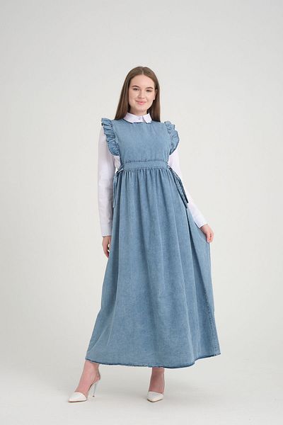 ensade Light Blue Flared Sleeves Long Denim Dress Gilet – Adjustable Lacing