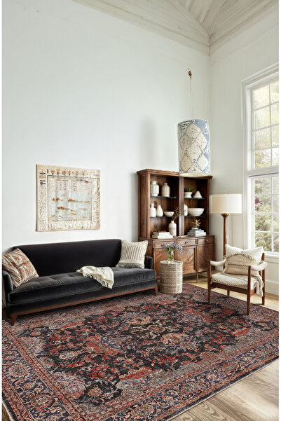 BigArts Home Vintage Halı Modern Motifli Bordo ve Antrasit Klasik Çiçek Desen...