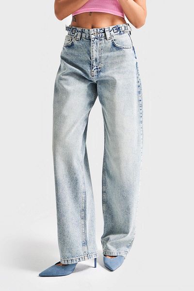 its basic Blugi de damă, culoare 4s5-32, cu potrivire super largi, 100% bumbac, cu detaliu de curea