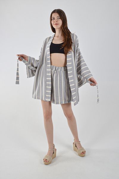 REİNA TEKS Suit Kimono Shorts Thick Grey-White Thick Stripes Bottom-Top Suit Beach/Daily Wear