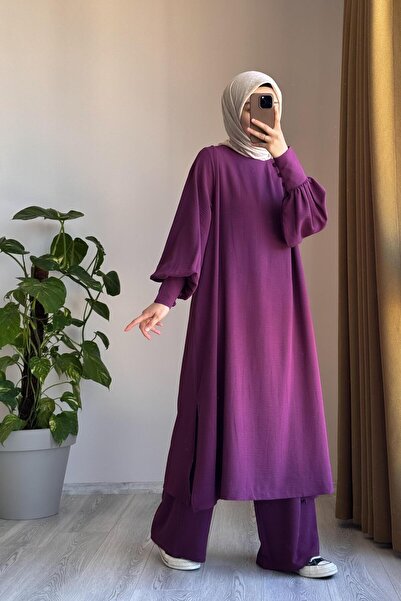 ANDE Manşet Detaylı Pantolonlu Takım- Mürdüm