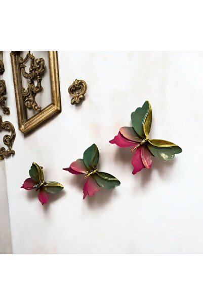 Peramari Dekoratif Polyester Duvara Asmalı Üçlü Kelebek Yeşil Pembe