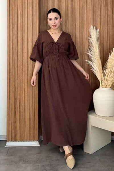 Cockatoo Kadın V Yaka Kahve Müslin Kumaş Kısa Kol Elbise