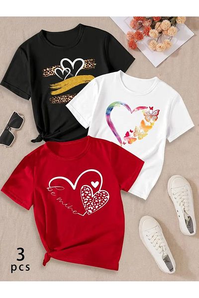 PENTHİLUS Girls' T-Shirt, Short Sleeve T-Shirt with Colorful Heart Pattern and Leather Pattern, Single-