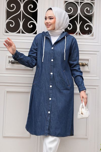 N.S NEVA STYLE Buttoned Navy Blue Hijab Denim Cap 7041L