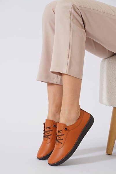 Moda Pie Negade Taban Dikmeli Hakiki Deri Kadın Ayakkabı Taba Cilt