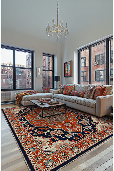 BigArts Home Vintage Halı Modern Motifli Turuncu ve Bej Klasik Desenli Dijita...