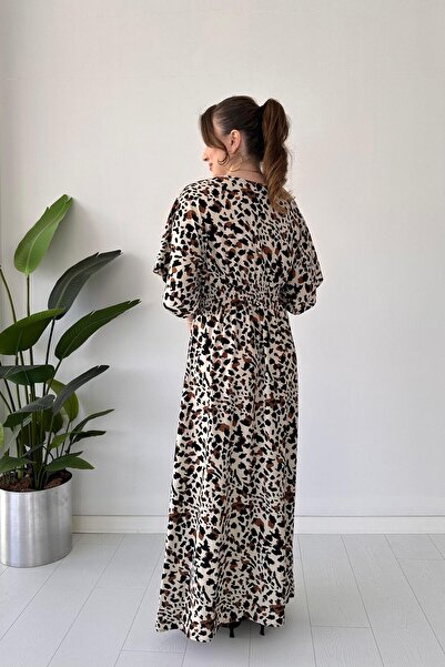 MaziButik Rochie din viscoză leopard cu două piepte crem