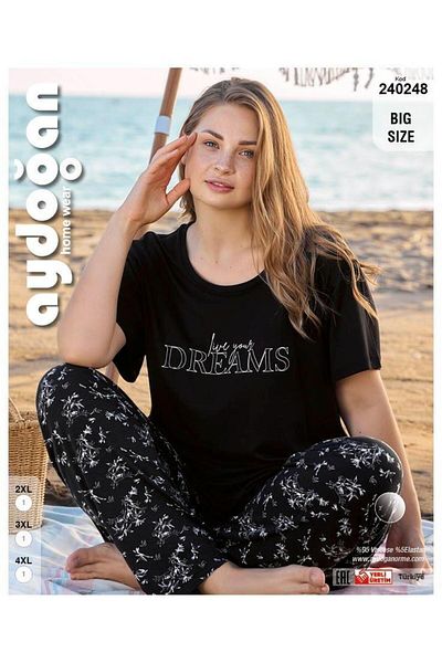 Aydoğan Set pijamale cu mânecă scurtă din viscoză neagră oversize pentru femei 240248