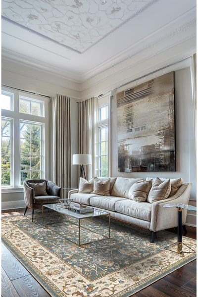 BigArts Home Mavi ve Yeşil Tonlarda Geleneksel Desenli Dijital Şönil Halı - , Vintage Stil