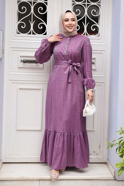 N.S NEVA STYLE Φόρεμα με πέτρινη λεπτομέρεια Dusty Rose Hijab Jacquard 23891GK