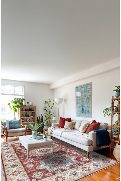 BigArts Home Vintage Halı Göbekli Motifli Bej ve Bordo Klasik Dijital Şönil Halı