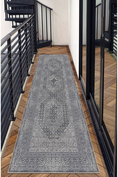 BigArts Home Antrasit Gri Vintage Desenli Kaymaz Taban Yıkanabilir Modern Sal...