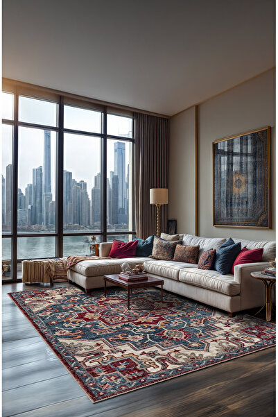 BigArts Home Antrasit Mavi Ve Bej Vintage Halı Modern Motifli Göbek Desenli D...