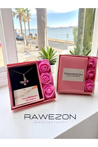 RAWEZON Pembe Taşlı Kelebek Çelik Kolye Güllü Kutuda | Sevgiliye Sevdiklere Özel Hediye Seti