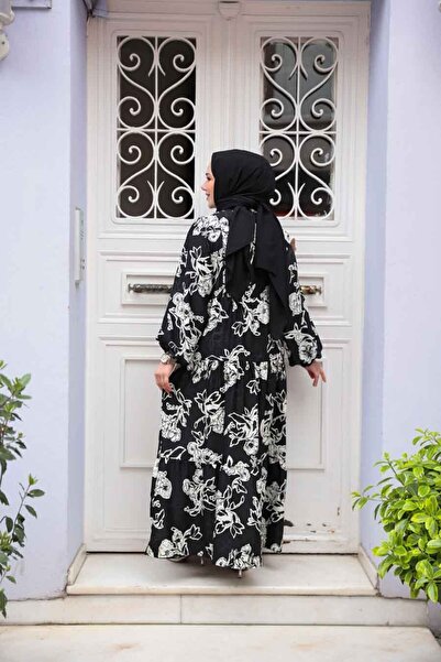 N.S NEVA STYLE Floral Patterned Black Viscose Hijab Dress 23588S