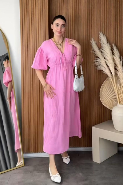 Cockatoo Rochie de damă cu decolteu în V din muselină roz, cu mâneci scurte