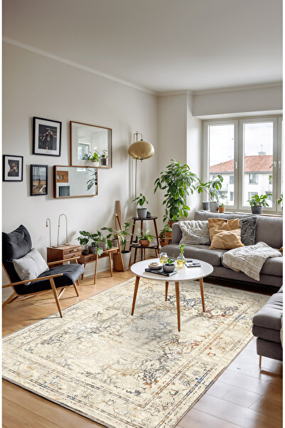 BigArts Home Vintage Modern Desenli Kaymaz Taban Yıkanabilir Mutfak Salon Kil...