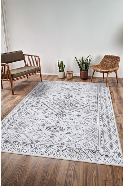 BigArts Home Etnik Geometrik Desenli Şönil Salon Mutfak Halısı Yuvarlak Yollu...