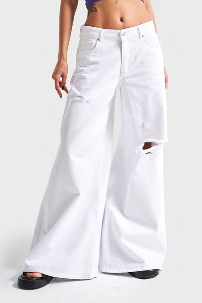 its basic Γυναικείο λευκό χρώμα 13s5-2 Elephant Leg Loose Cut 100% Cotton Ripped Λεπτομερές τζιν τζιν